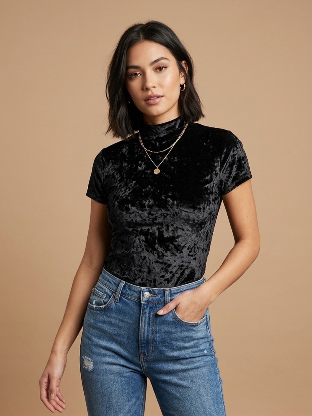 0353 - a new day Black Crushed Velvet Mock Neck Short Sleeve Tee